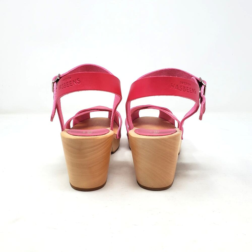 Swedish Hasbeens Mirja Heeled Clog Sandals Strappy Peep Toe Cherry Pink 41 US 11 - Picture 7 of 9